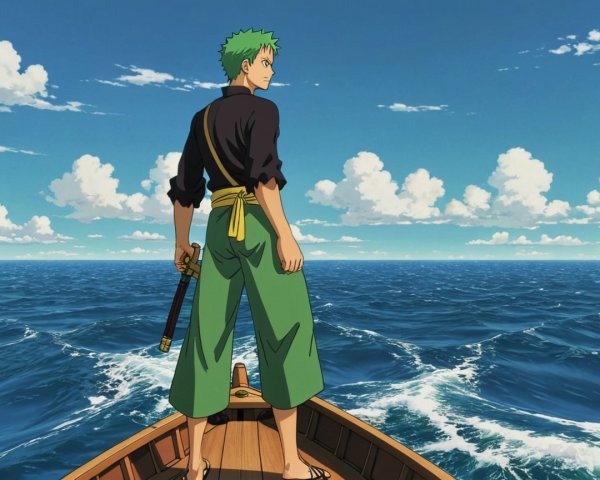 Young Swordsman on Boat Against Open Sea and Sky