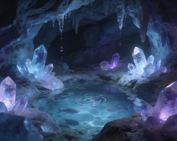 Dark Cave Interior with Illuminated Crystal Formations