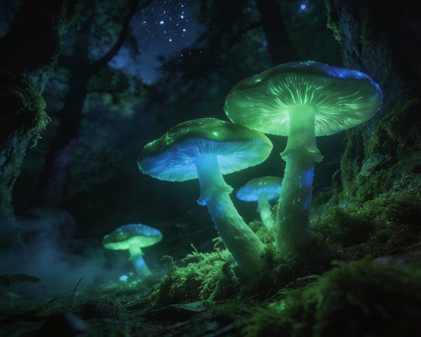 Bioluminescent Mushrooms in a Dark Forest Setting