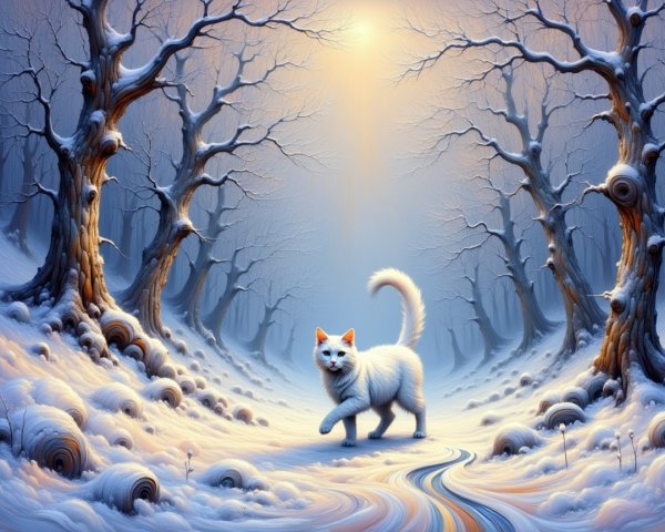 Mystical Winter Forest with White Cat on Winding Path