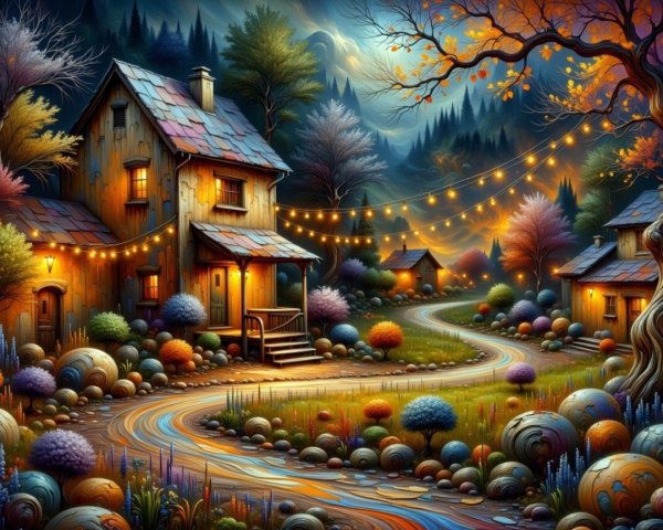 Charming Nighttime Scene with Wooden Houses and Gardens
