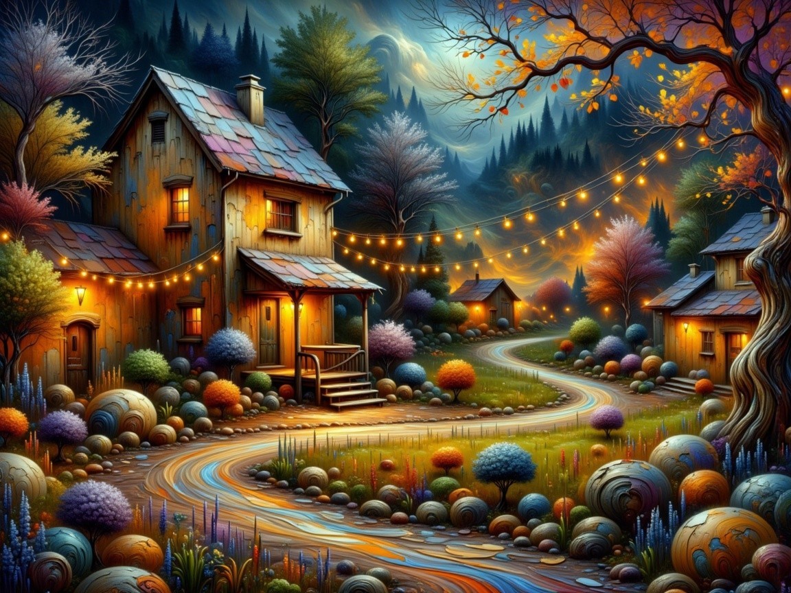 Charming Nighttime Scene with Wooden Houses and Gardens