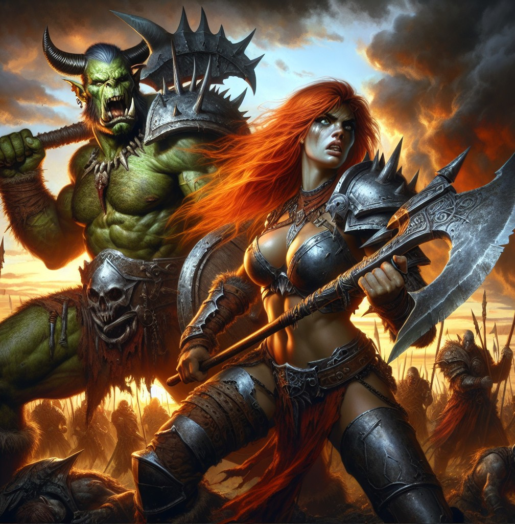 Battle Scene of Orc and Warrior Woman in Epic Setting