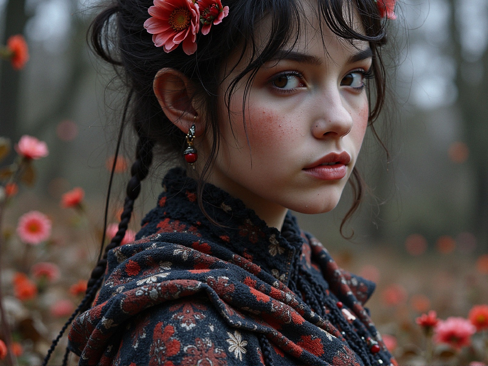 Young woman in a flower field with intricate attire