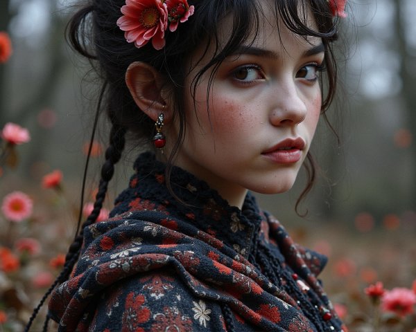 Young woman in a flower field with intricate attire