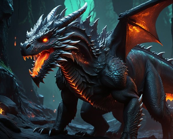 Black Dragon in Dark Cavern with Fiery Elements