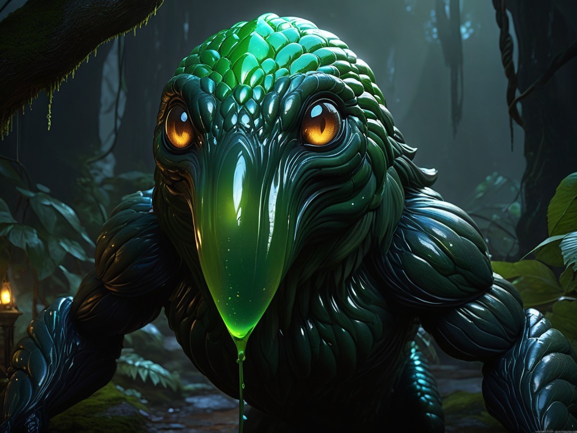 Fantasy Creature with Glossy Green Body and Golden Eyes