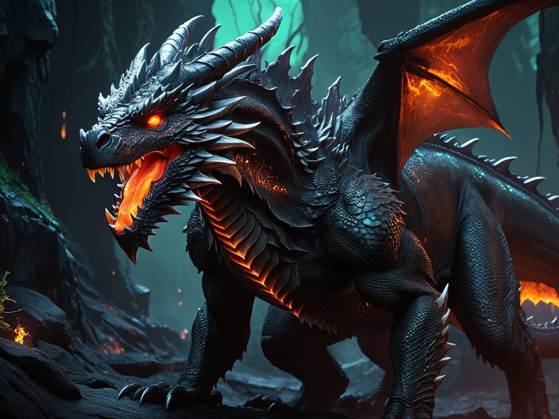 Black Dragon in Dark Cavern with Fiery Elements