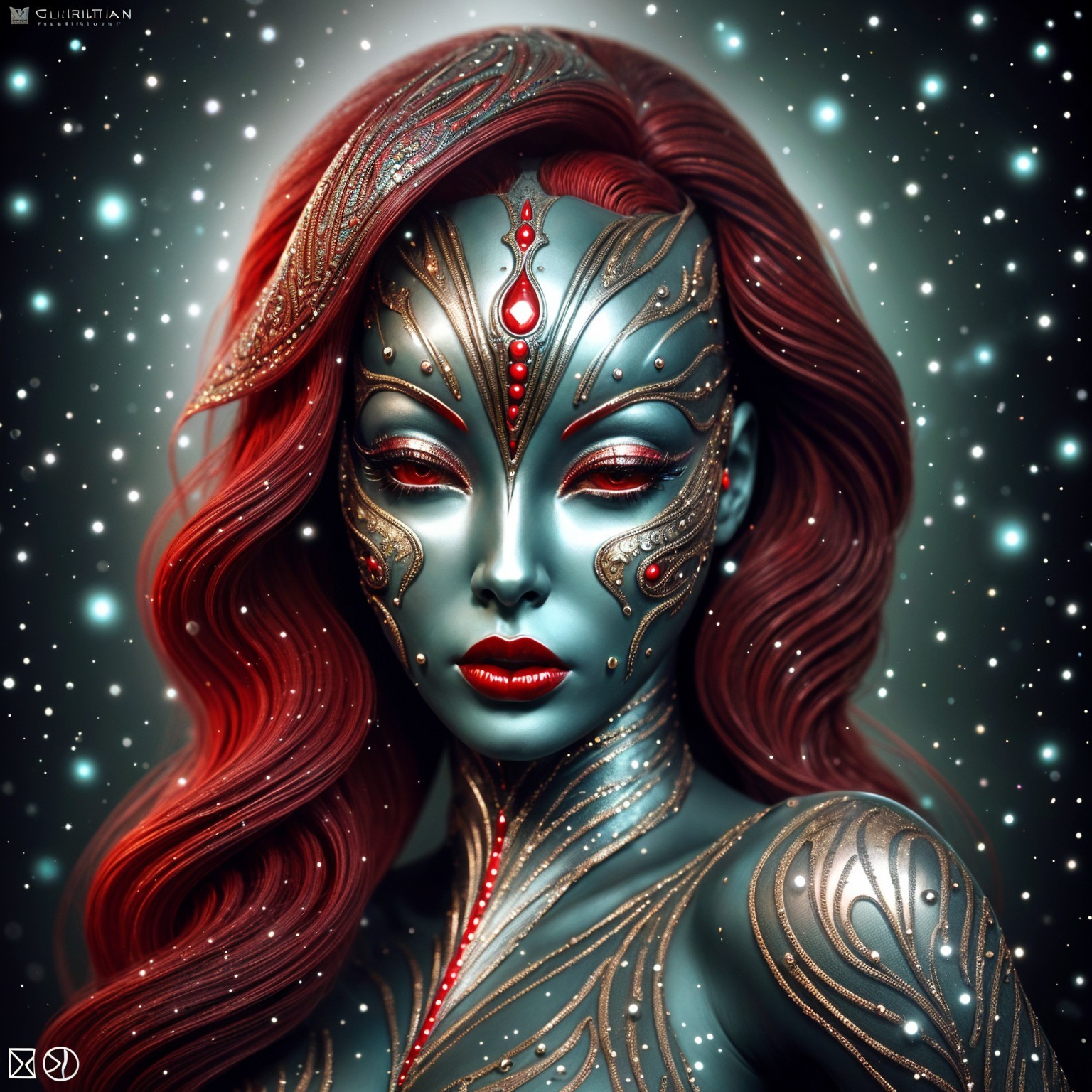 Detailed Art Doll with Teal Complexion and Jewels