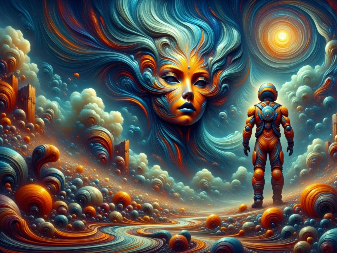 Surreal Cosmic Landscape with Astronaut and Ethereal Face