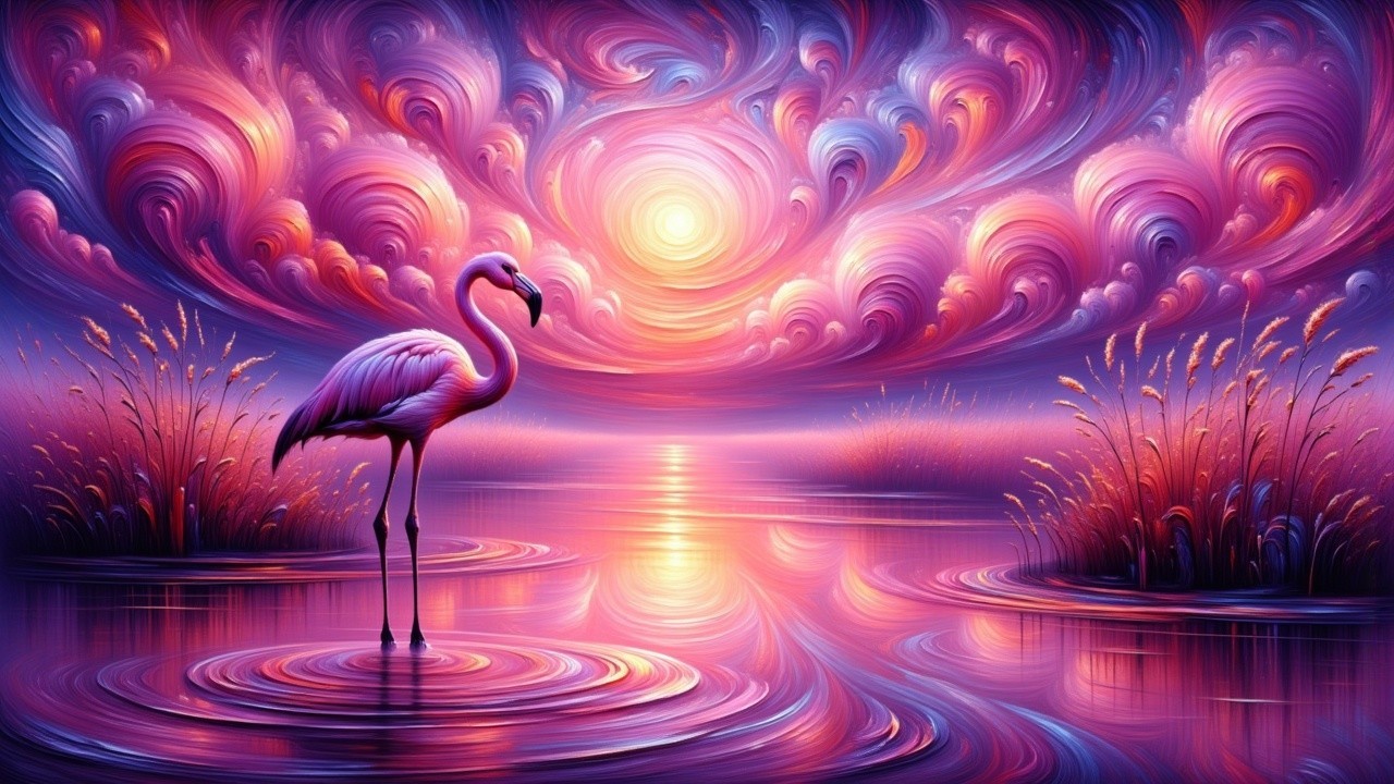 Serene Flamingo in Vibrant Sunset Landscape