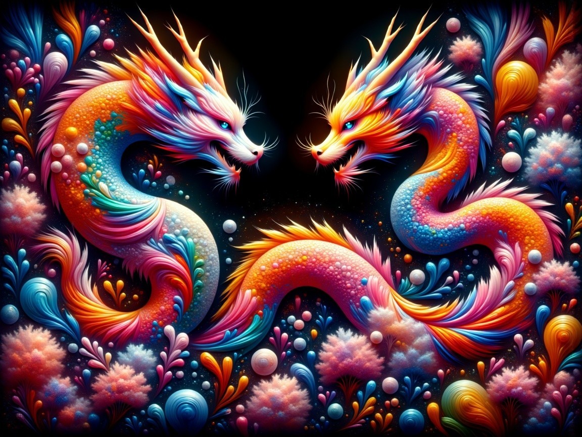 Vibrant Dragons in Cosmic Floral Fantasy Scene