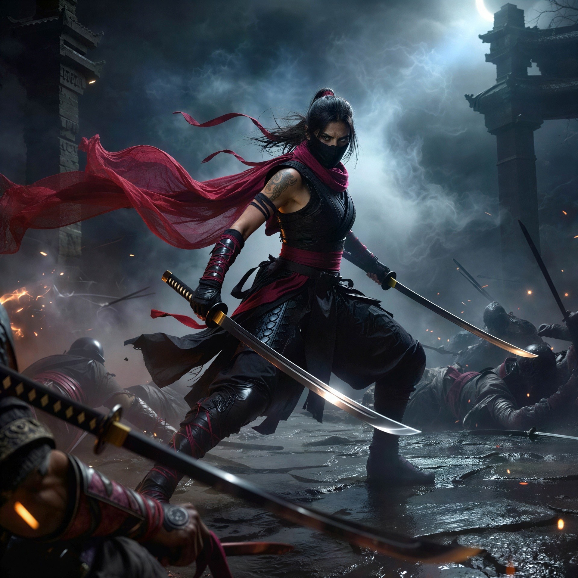 Digital Painting of a Female Ninja Warrior in Battle