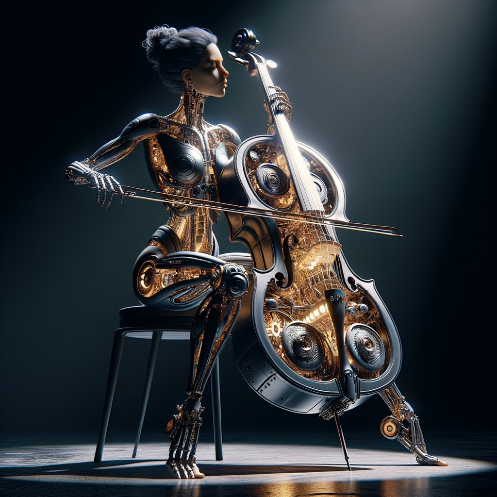 Cyborg Female Cellist with Metallic Body and Gears
