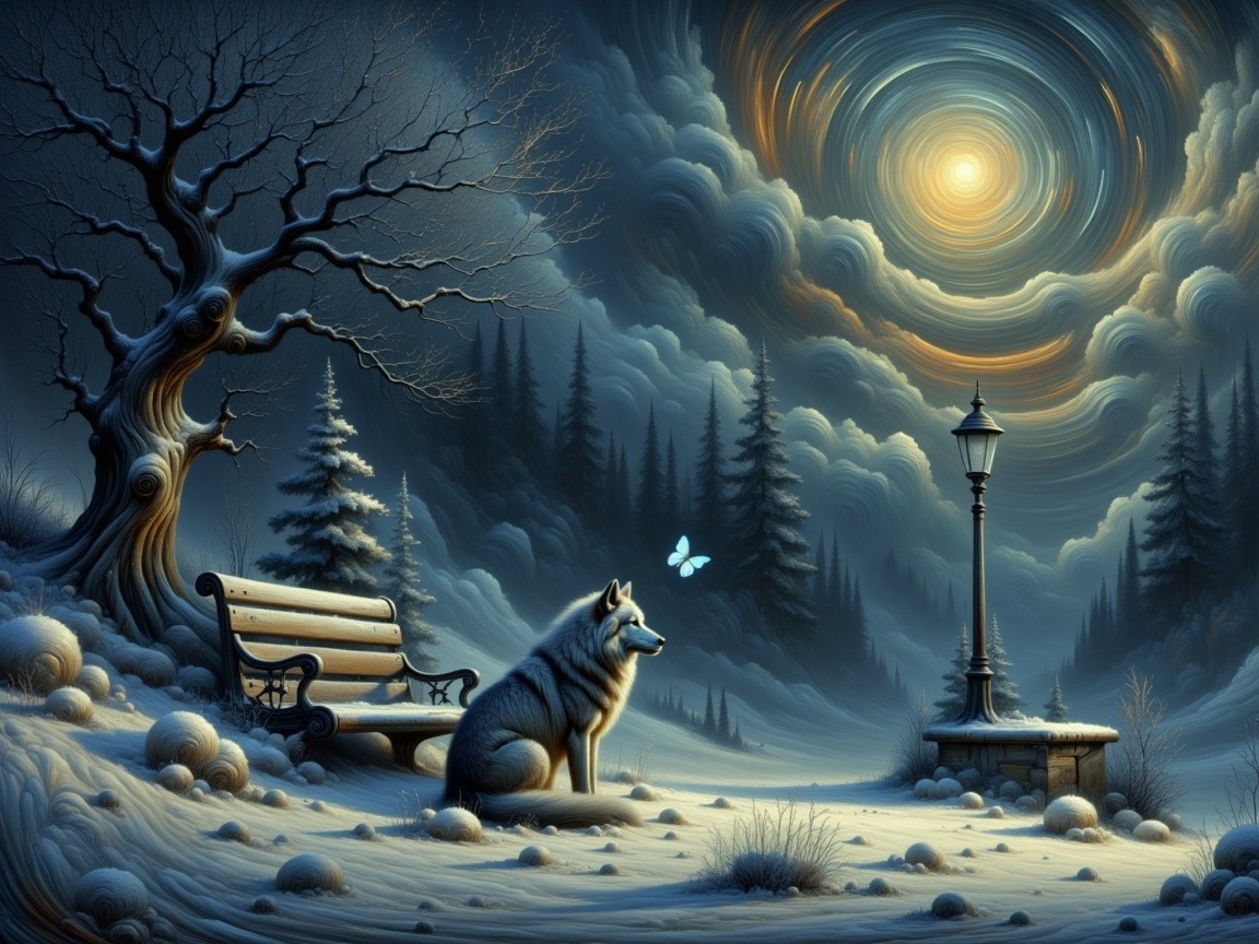 Mystical Winter Scene with Wolf and Butterfly