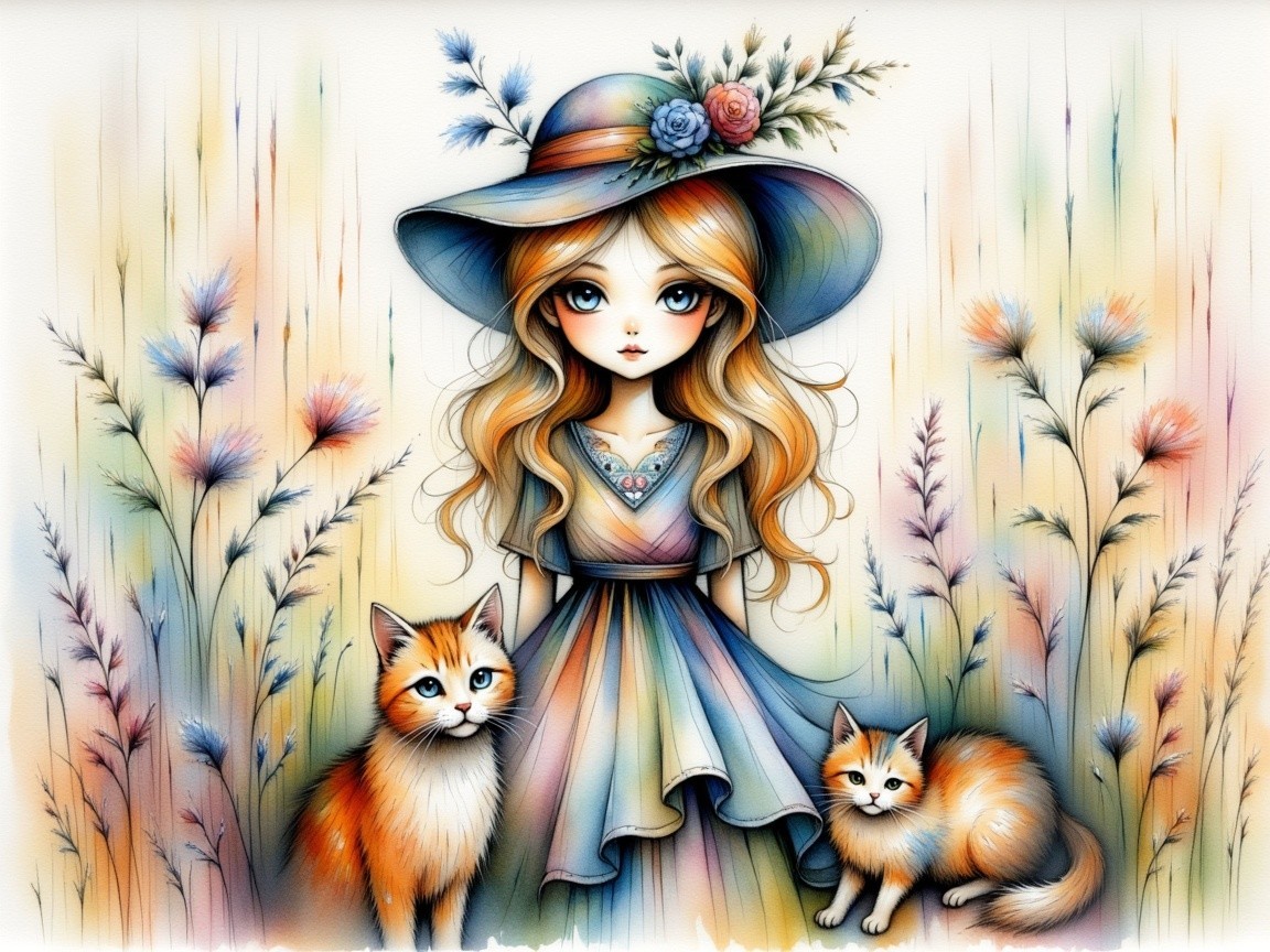 Whimsical Illustration of a Girl with Cats and Flowers