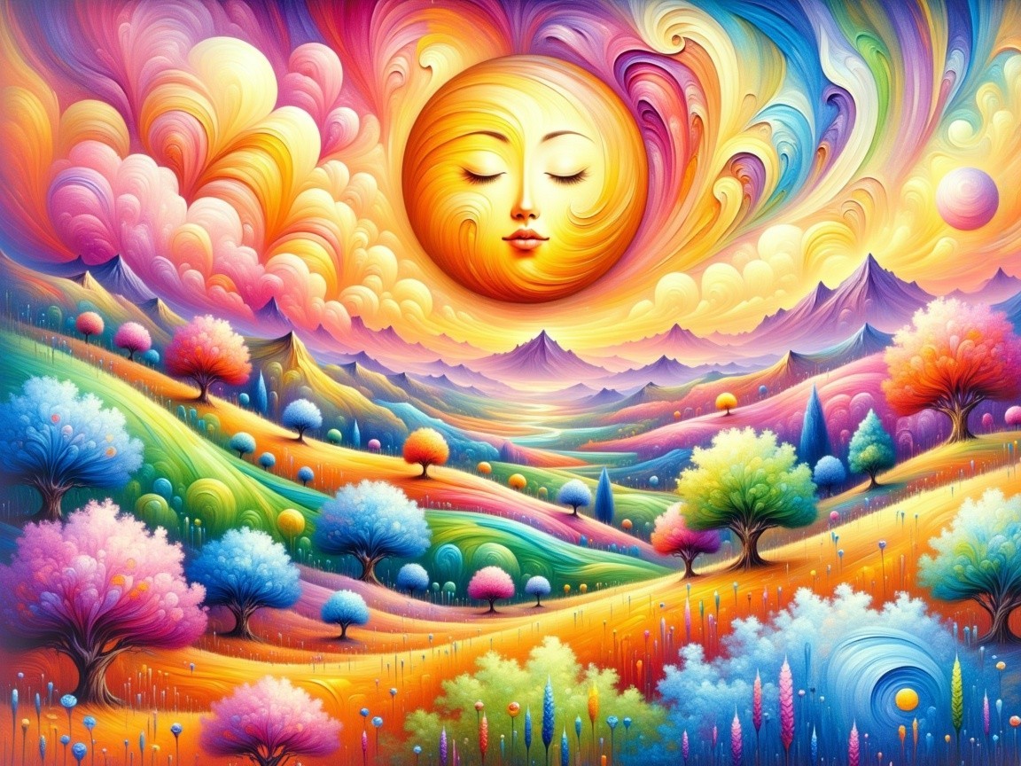 Vibrant Landscape with Whimsical Trees and Sunset Sky