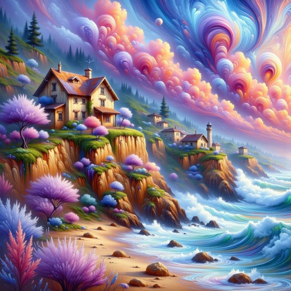 Vibrant Coastal Scene with Whimsical Cliffs and Ocean