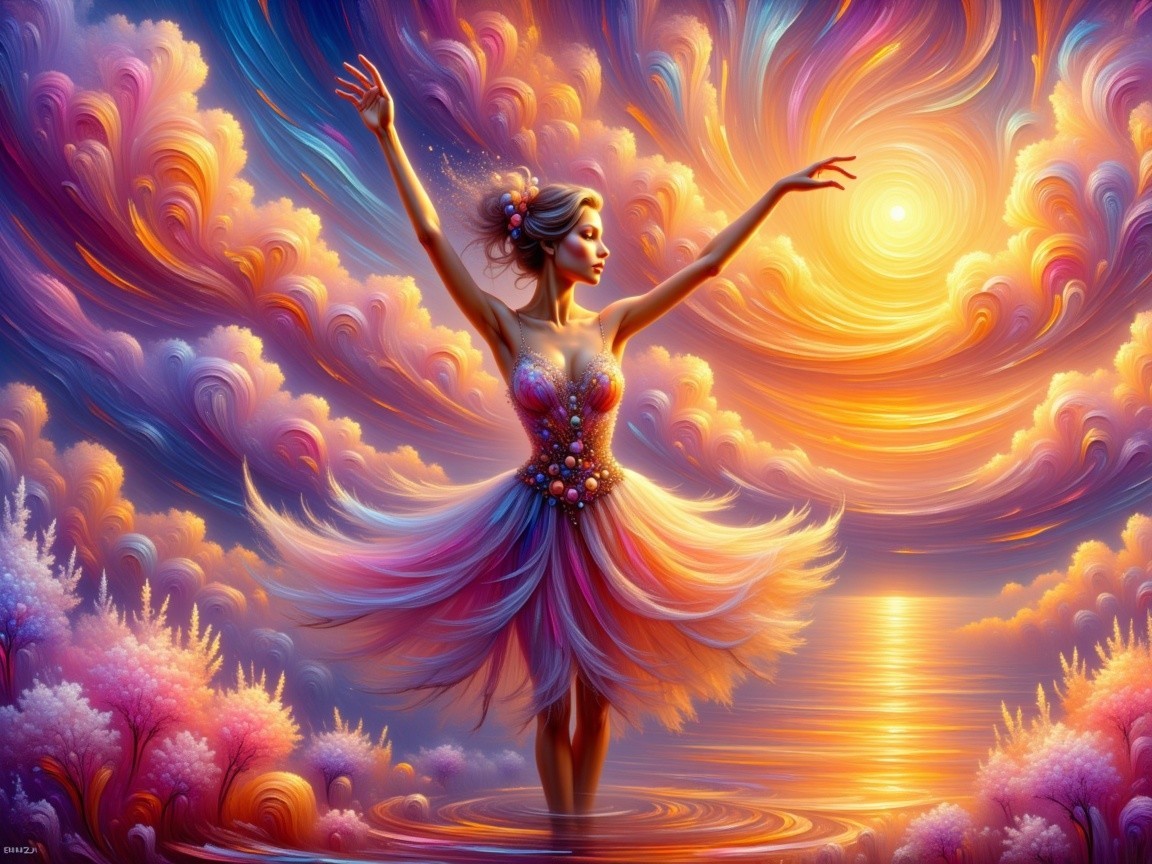 Surreal Digital Painting of a Ballerina in Colorful Clouds