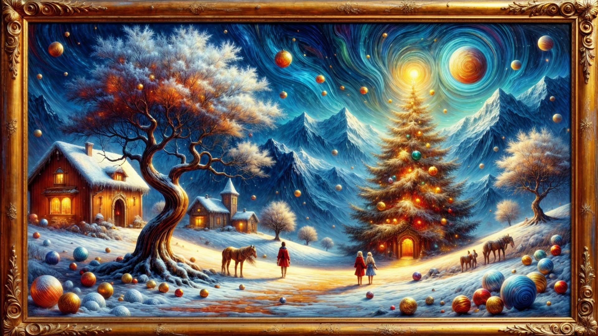 Serene Winter Village with Christmas Decorations and Snow