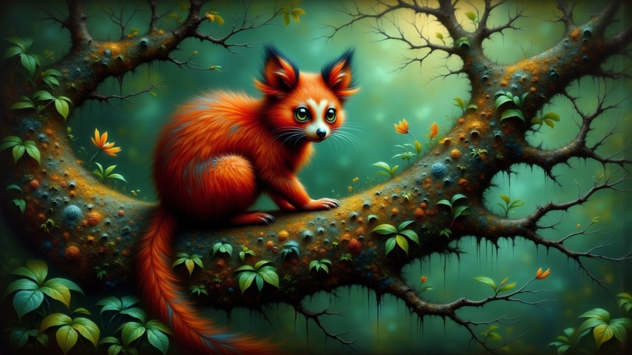 Fluffy Orange and Blue Creature in a Fantastical Forest