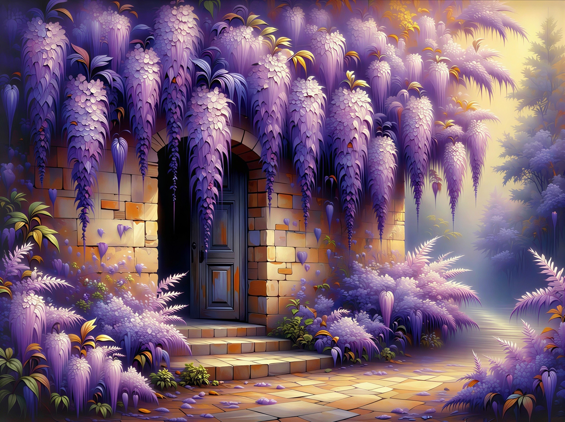 Charming Garden with Stone Building and Wisteria