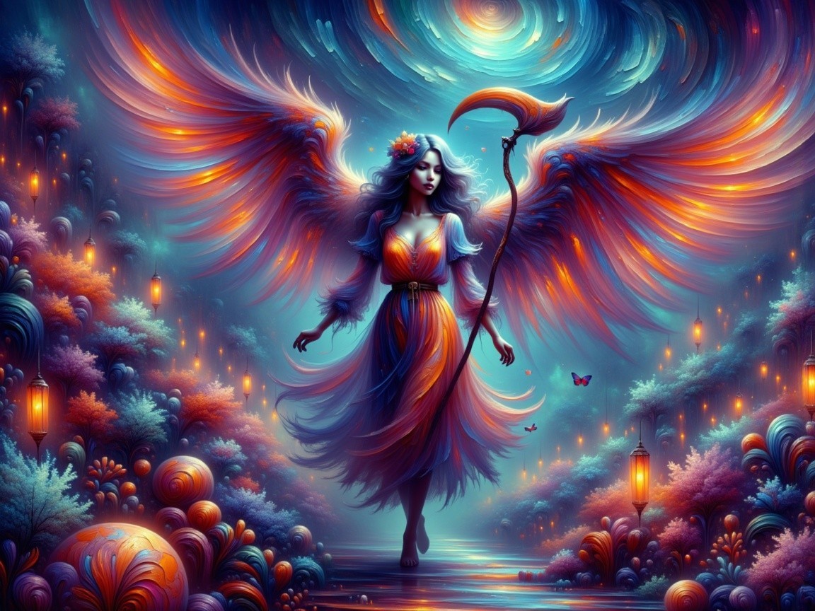 Mystical Figure in Dreamlike Landscape with Wings