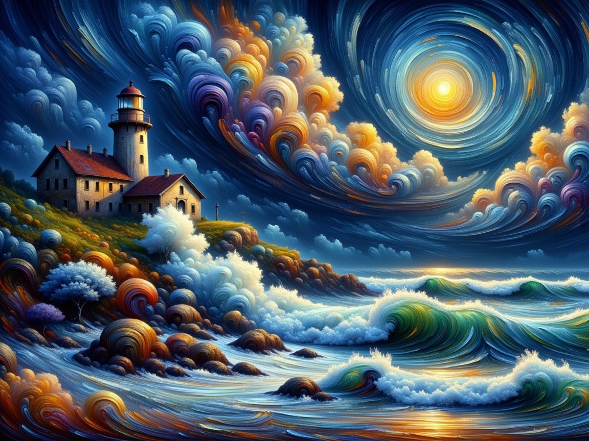 Vibrant Sunset Over Dramatic Coastline and Lighthouse
