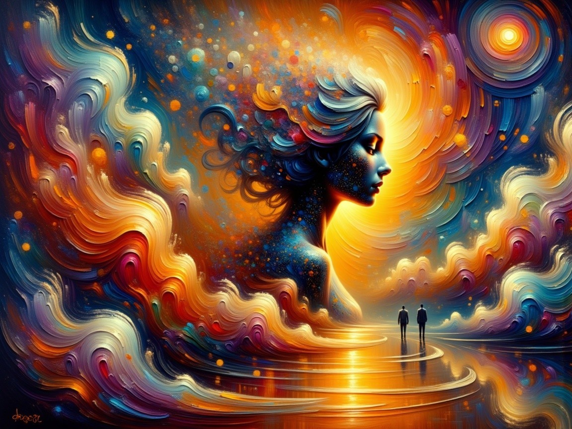 Vivid Profile of a Woman Amidst Colorful Clouds