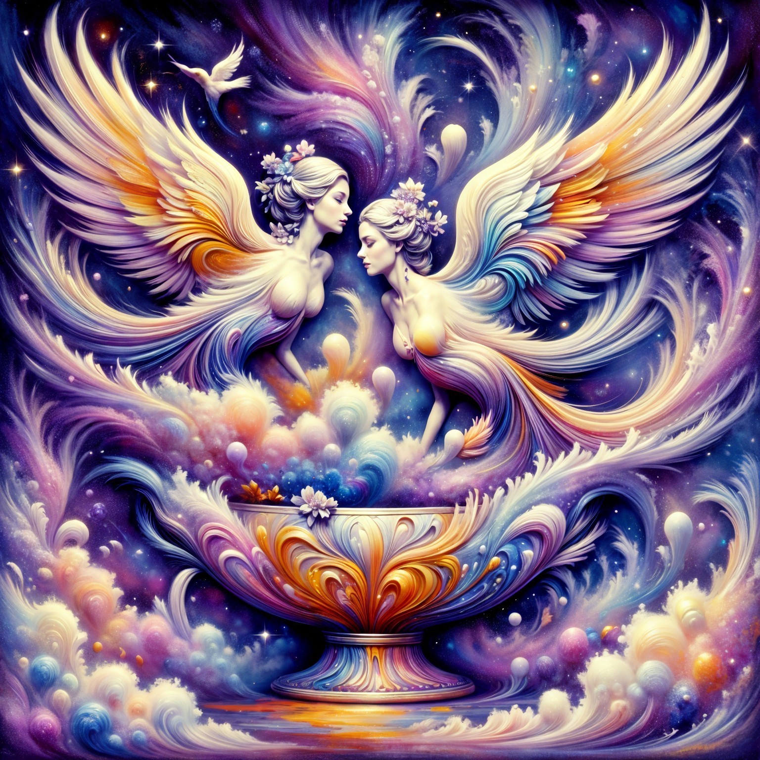 Ethereal Winged Figures in a Vibrant Cosmic Scene