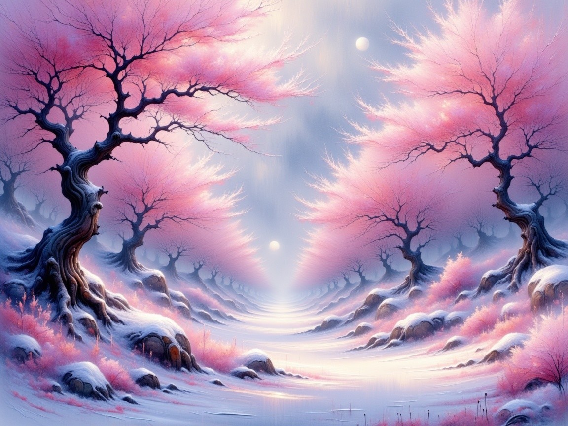 Snowy Landscape with Cherry Blossom Trees and Moons