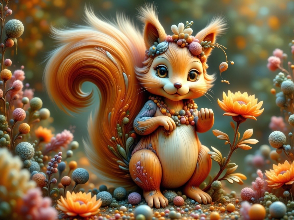 Cartoon Squirrel with Floral Crown in Colorful Garden