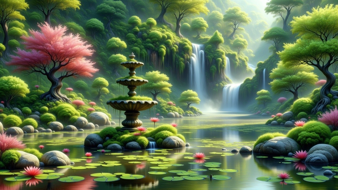 Tranquil Pond with Lotus Flowers and Waterfalls