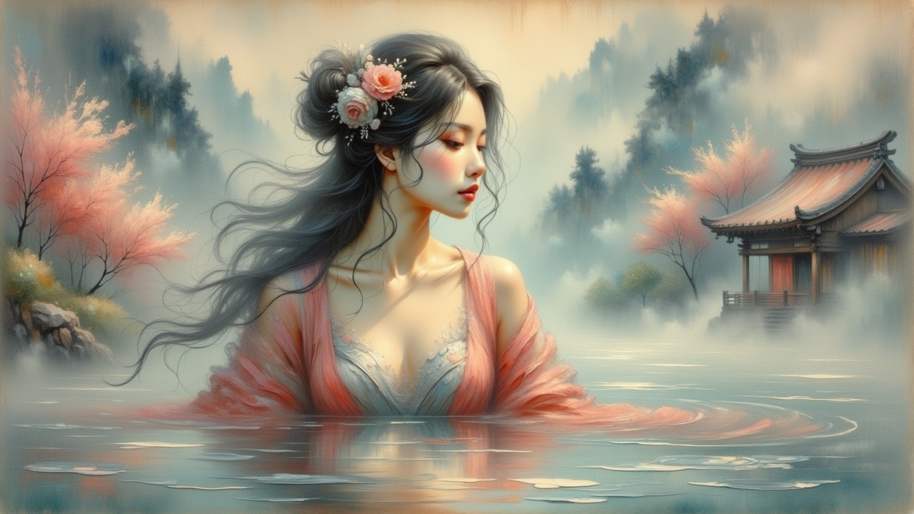 Young Woman in Tranquil Waters with Cherry Blossoms