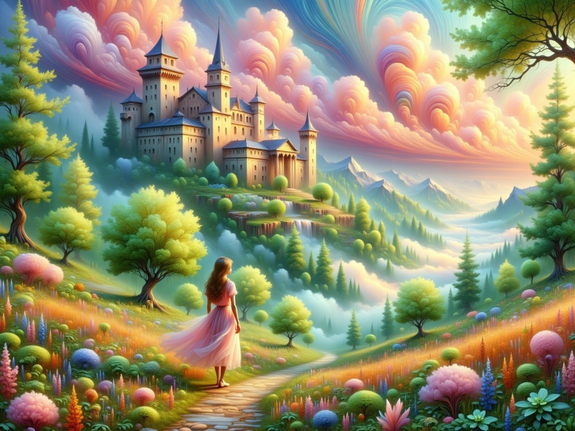 Whimsical Landscape with Castle and Serene Figure