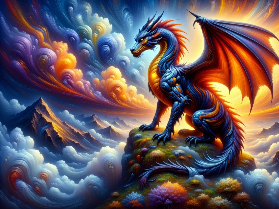 Majestic dragon in colorful mountainous landscape painting