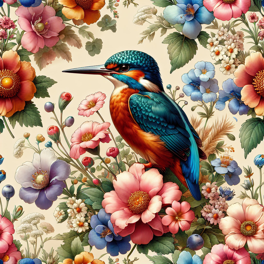 Kingfisher Among Colorful Blooming Flowers
