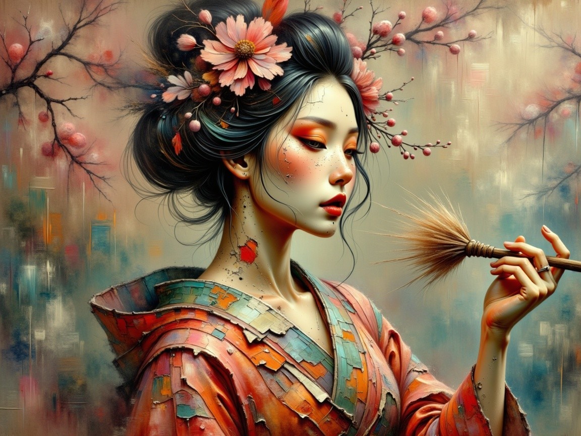 Woman in Colorful Kimono with Cherry Blossoms