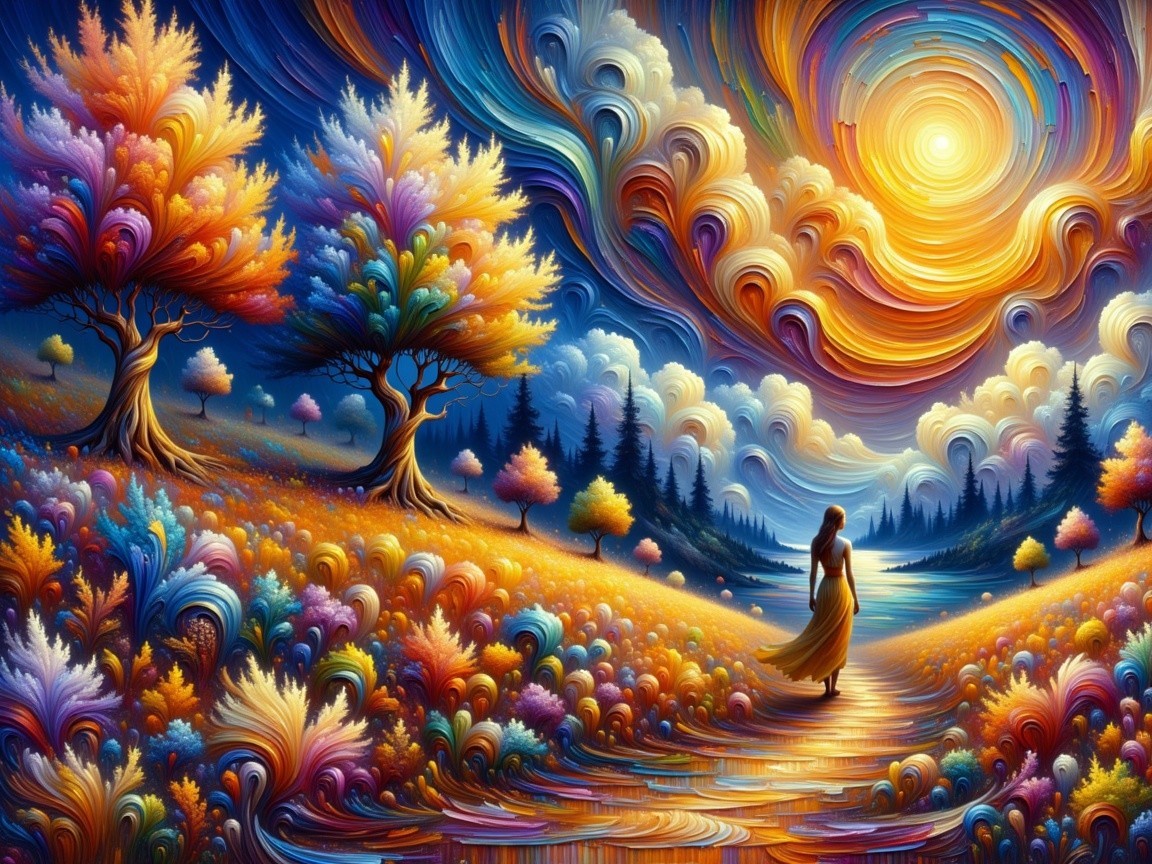 Psychedelic Landscape with Colorful Flora and Trees