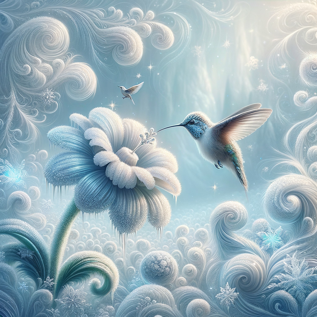 Snowy Winter Scene with Ice Flower and Hummingbirds