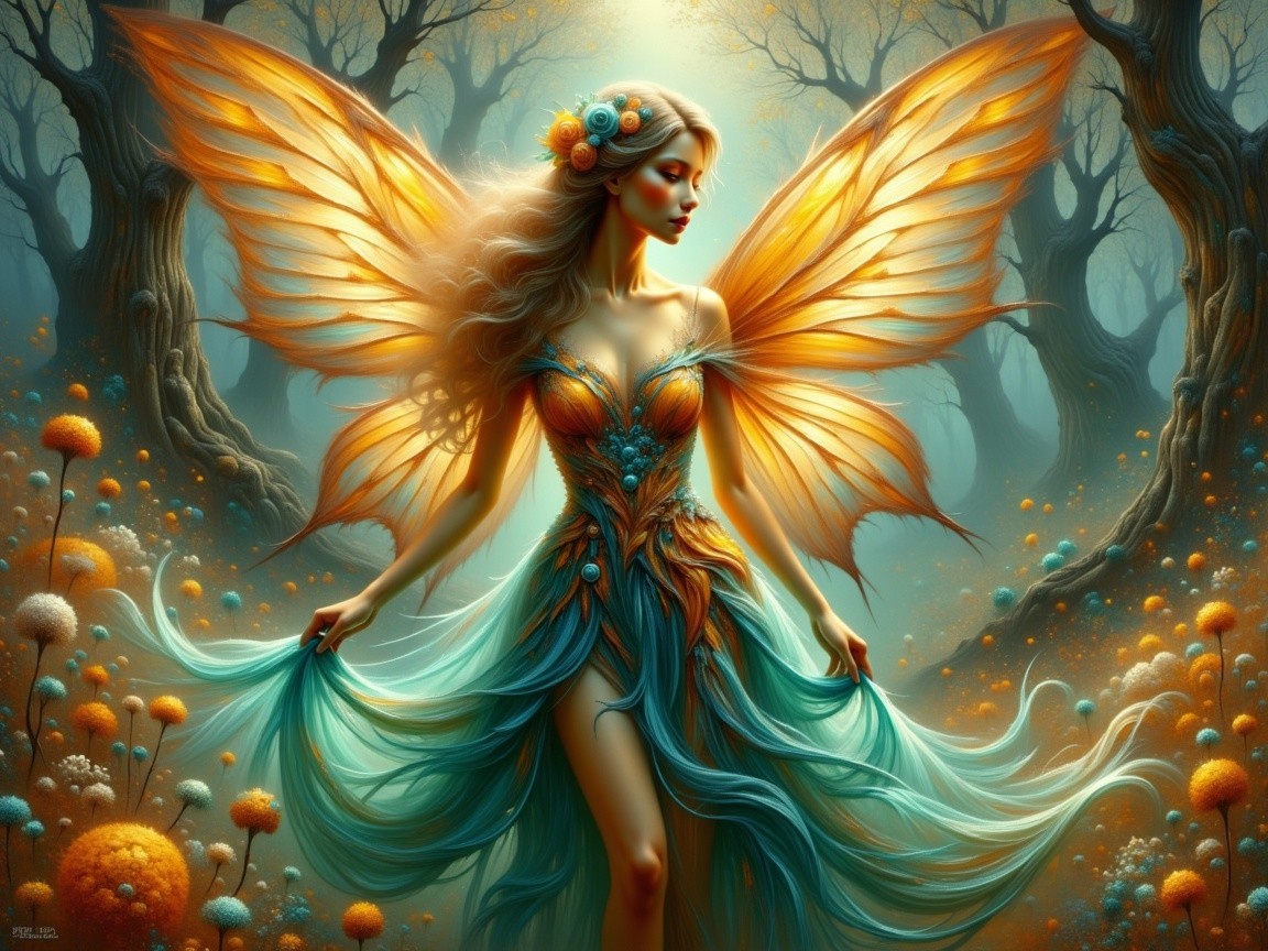 Fairy in Enchanted Forest with Vibrant Gown and Wings