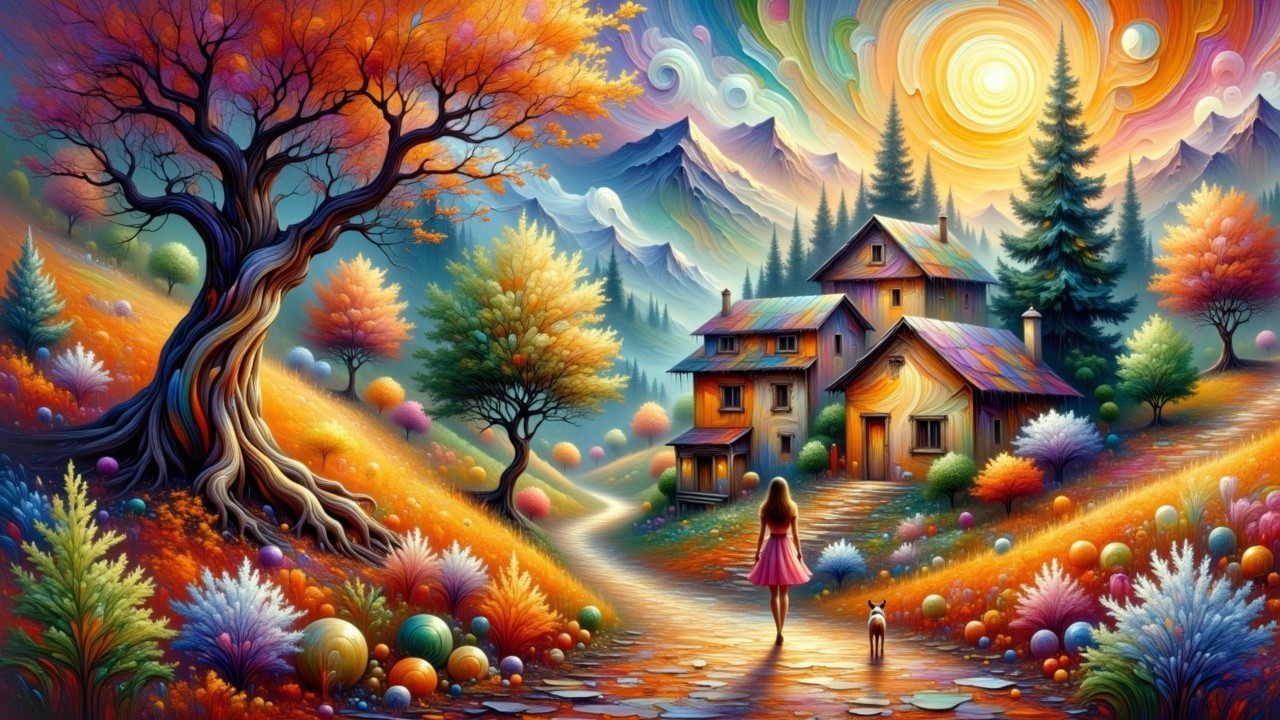 Surreal Landscape with Cottage and Colorful Sky