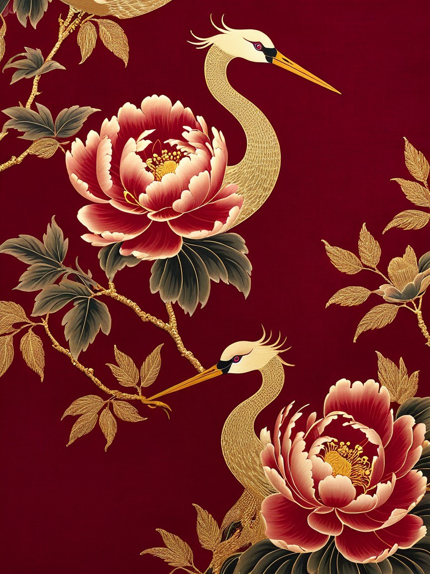 Red Wallpaper with Golden Herons and Flowers Design