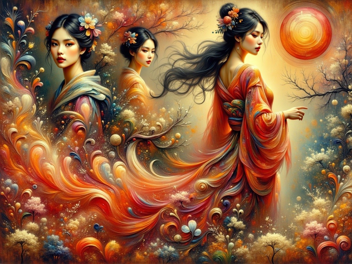 Elegant Women in Vibrant Garments Amidst Dreamlike Landscape