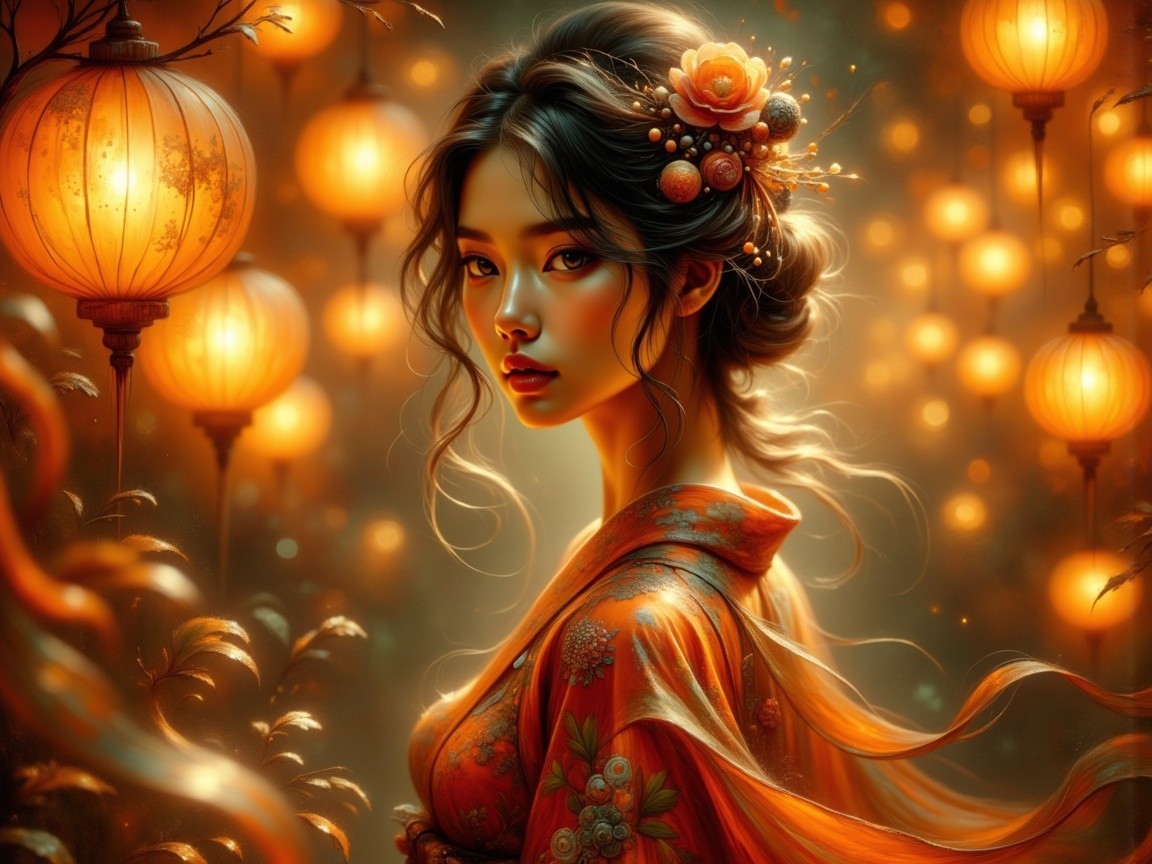 Young woman in orange kimono among glowing lanterns