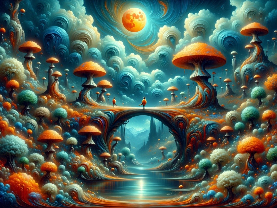 Surreal Landscape with Vibrant Foliage and Mushrooms
