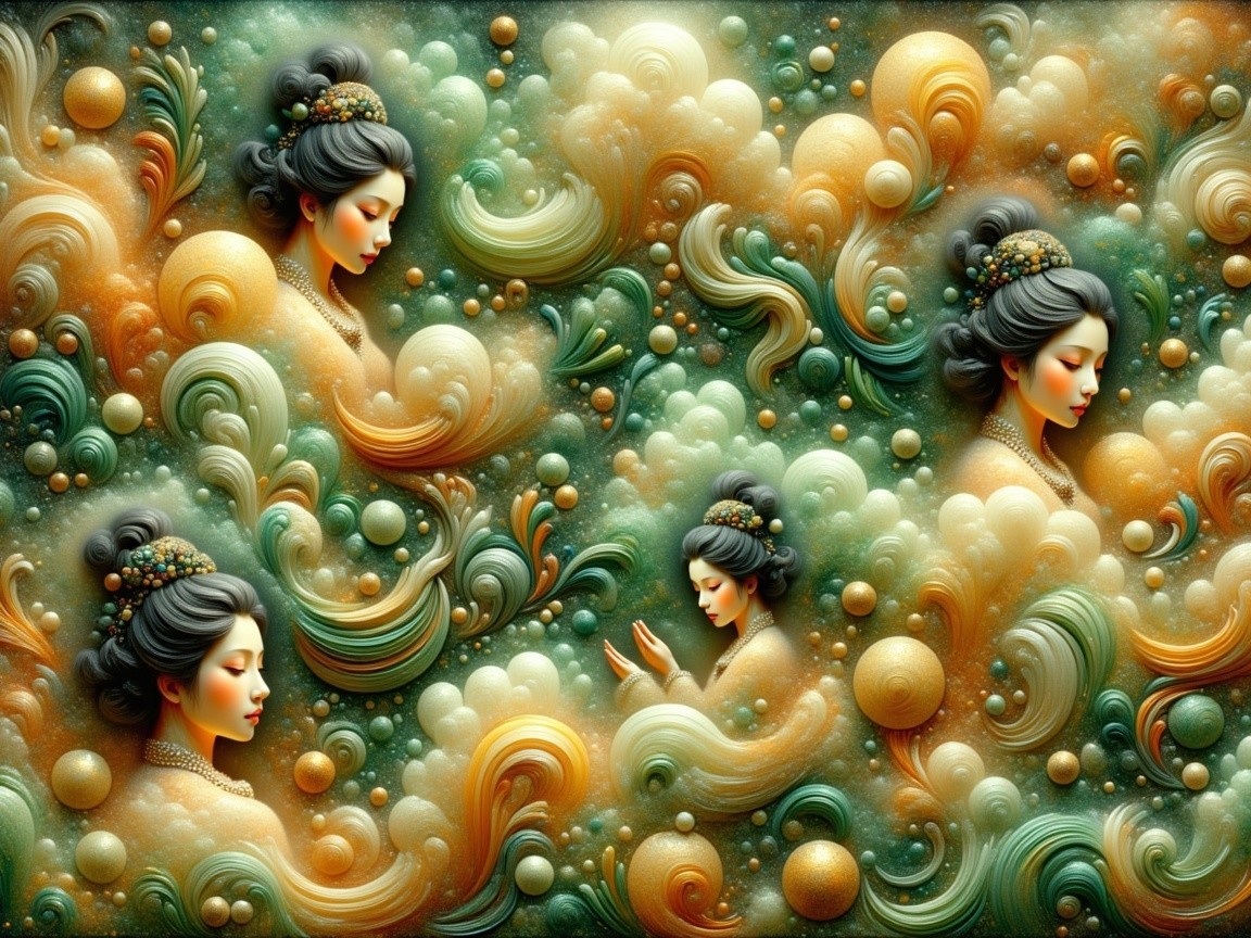 Intricate Colorful Abstract Design with Ethereal Figures
