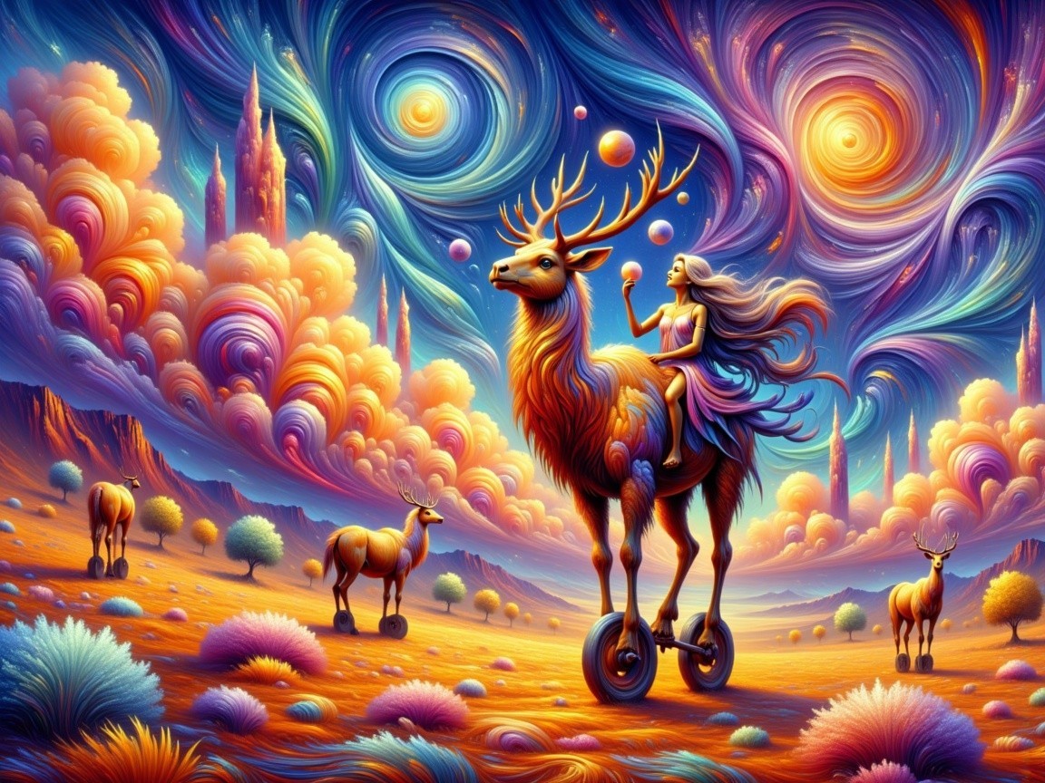 Surreal Landscape with Deer and Young Woman on Wheels