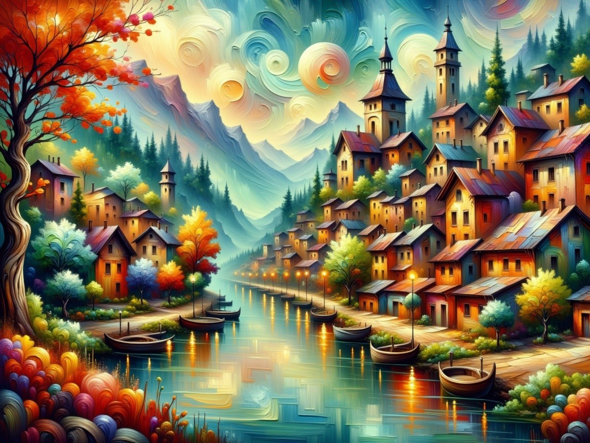 Vibrant Riverside Village with Autumn Landscape