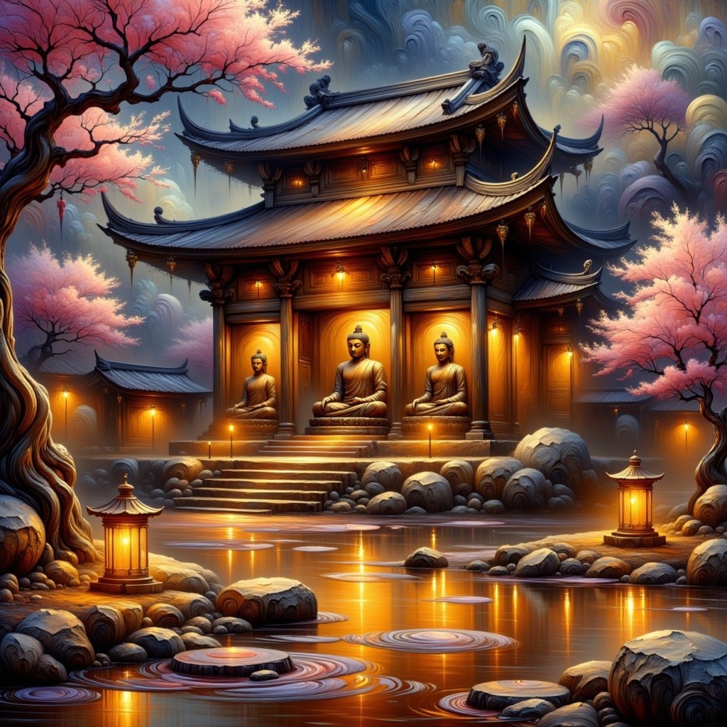 Serene landscape with temple, Buddha statues, and blossoms